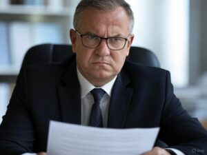 Insurance agent grimly denies benefit applications.